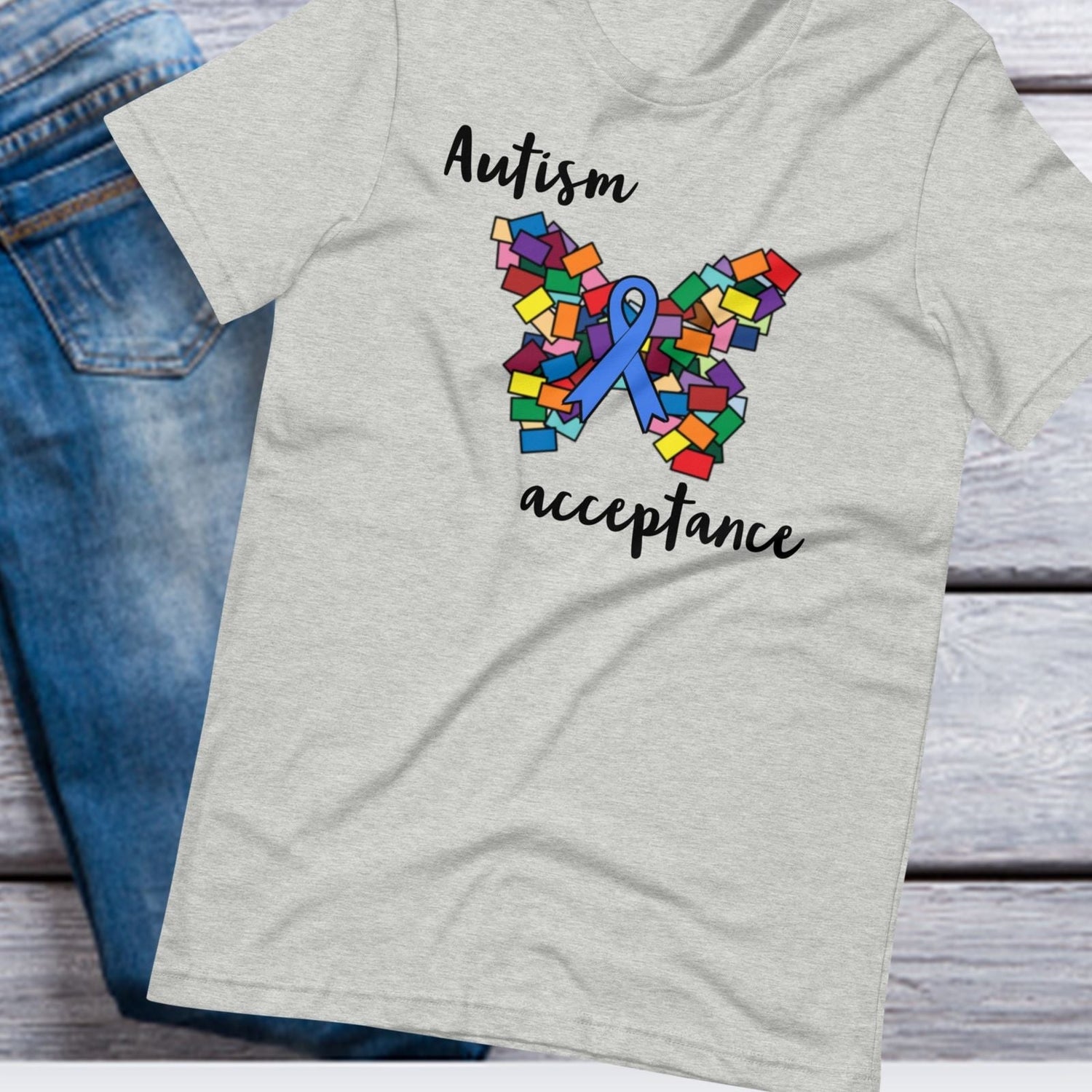 Autism awareness shirt SLP shirt, special education teacher shirt butterfly with blue ribbon grey Autism Acceptance