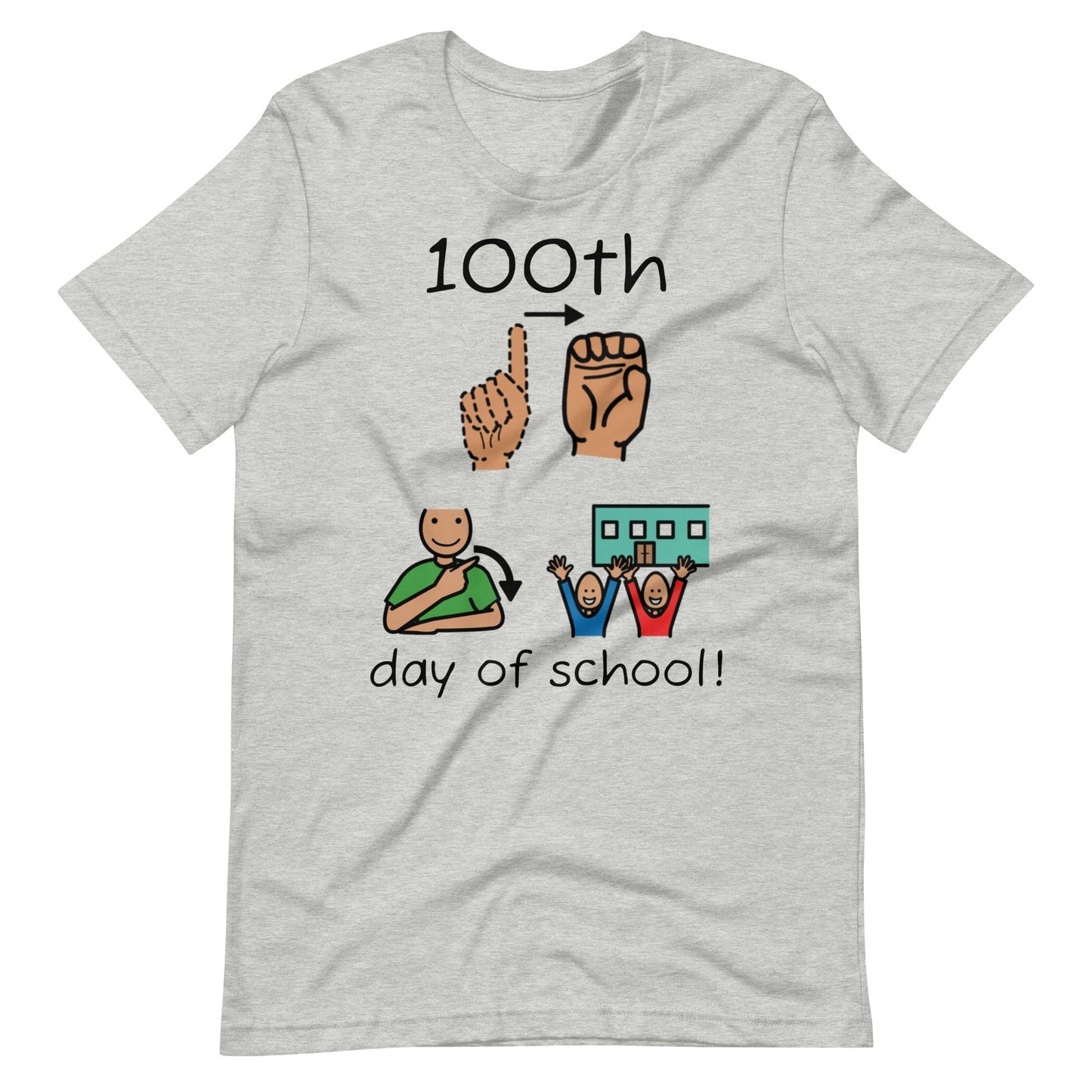 Special Education Teacher T-shirt SLP Shirt "100th Day of School" Autism Acceptance and AAC with Picture Communication Symbols front gray