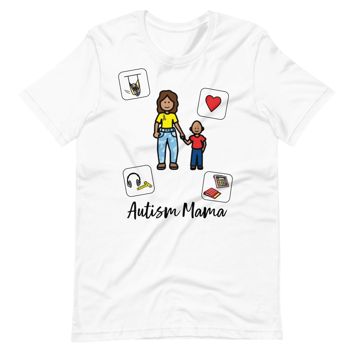 "Autism Mama" Autism Acceptance T-shirt with Boardmaker Picture Communication Symbols Unisex