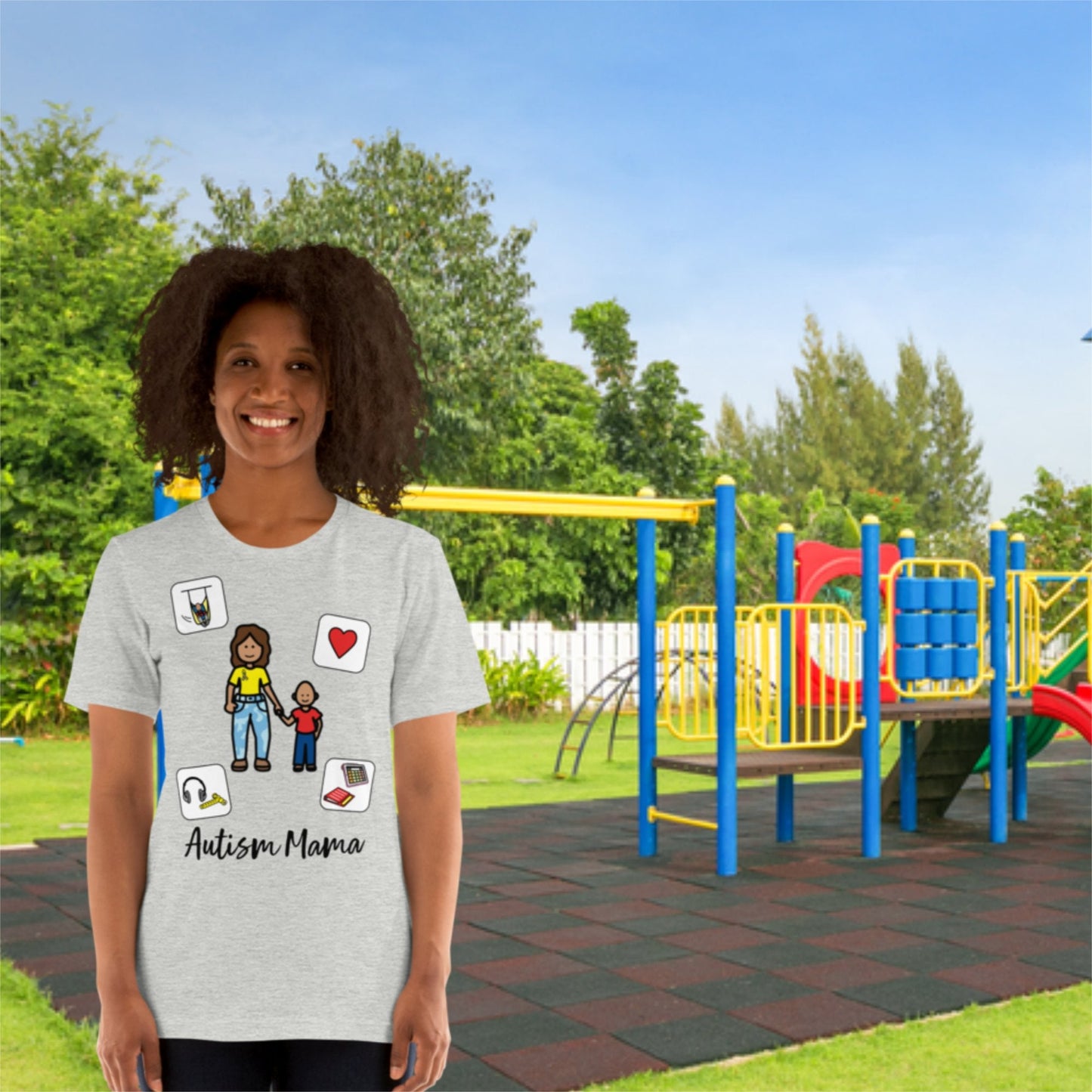 "Autism Mama" Autism Acceptance T-shirt with Boardmaker Picture Communication Symbols Unisex