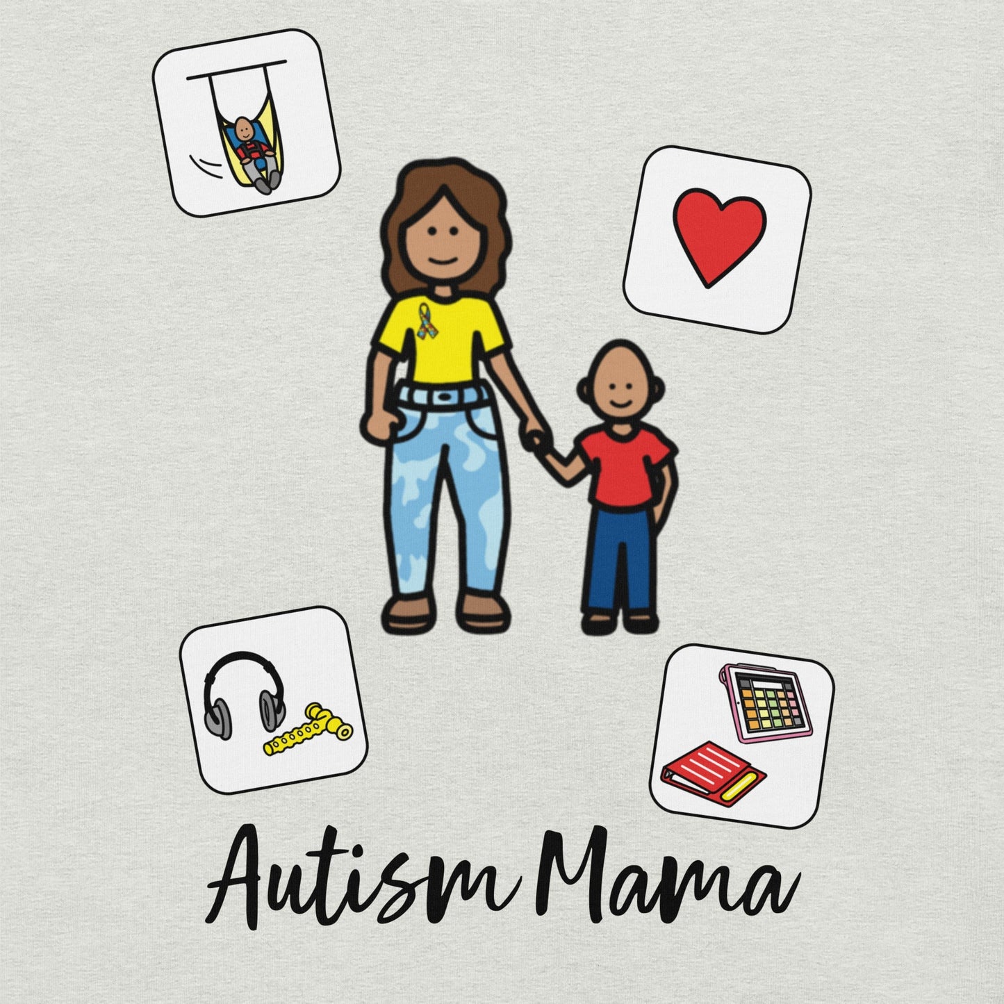 "Autism Mama" Autism Acceptance T-shirt with Boardmaker Picture Communication Symbols Unisex