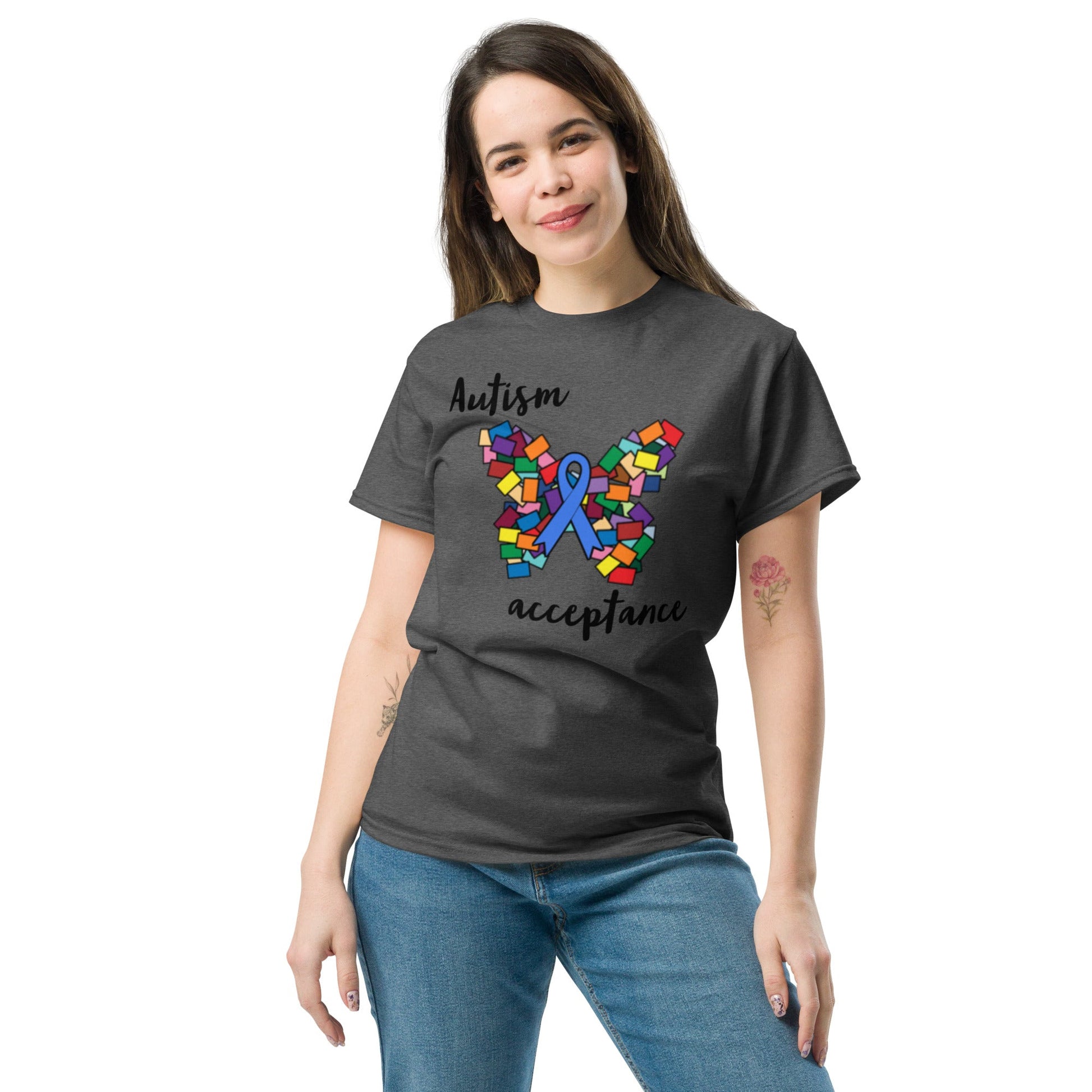 Autism Acceptance, Autism Awareness t-shirt, neurodiversity Special Education Teacher shirt butterfly charcoal gray femae