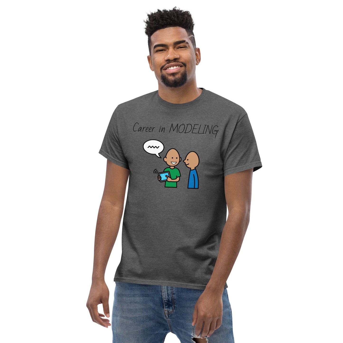 SLP Speech Therpist t-shirt special education teacher shirt Career in Modeling AAC with Boardmaker PCS Heather gray dark male