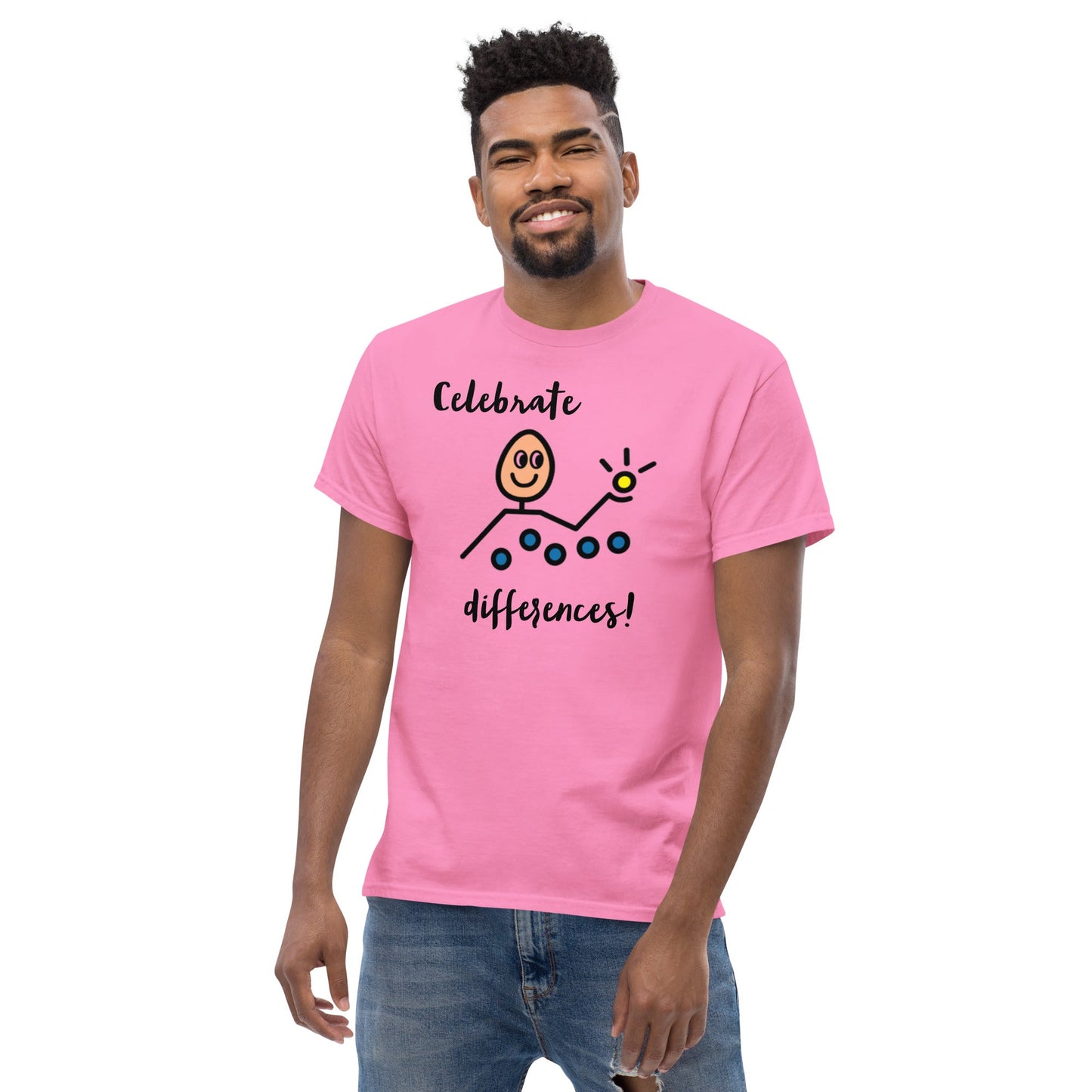 Celebrate Differences Inclusion Autism Awareness special education teacher SLP t-shirt with Boardmaker PCS pink maleunisex