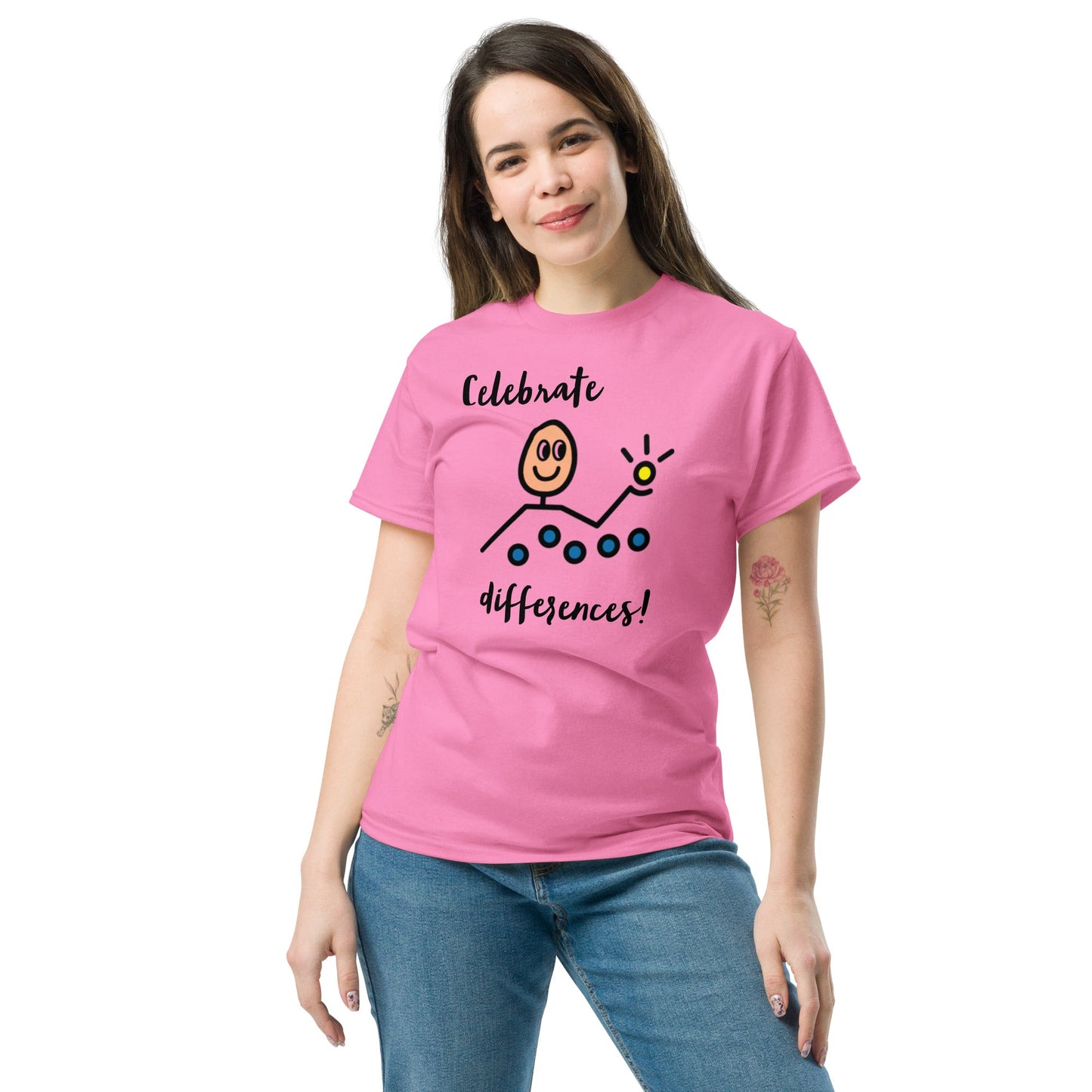 Celebrate Differences Inclusion Autism Awareness special education teacher SLP t-shirt with Boardmaker PCS pink female unisex