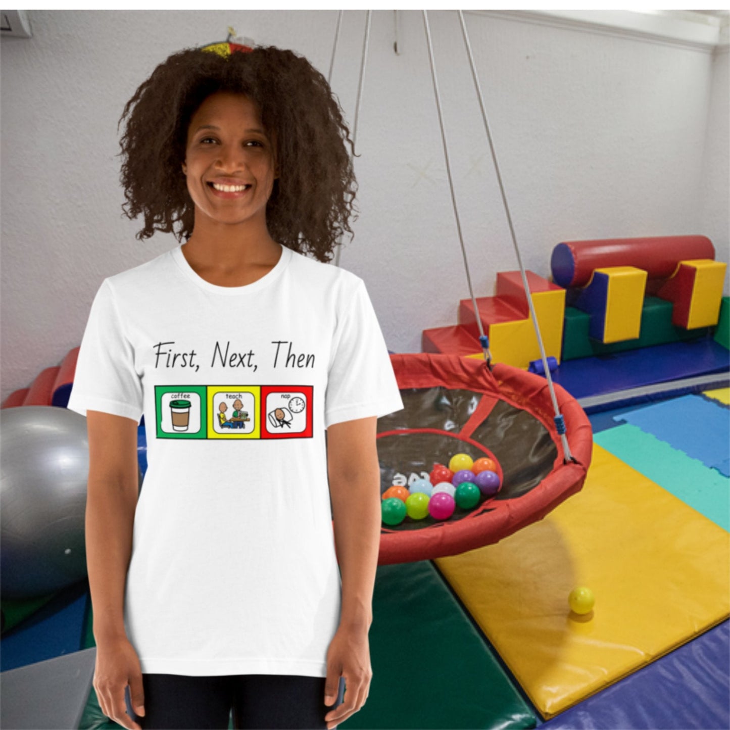 "Coffee, Teach, Nap" (First, Next, Then) Special Education Teacher T-shirt with Boardmaker PCS Unisex