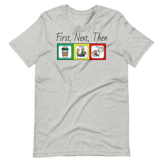 Funny special education teacher shirt, autism teacher shirt, first/then coffee teach with Boardmaker PCS AAC shirt, Structured teaching