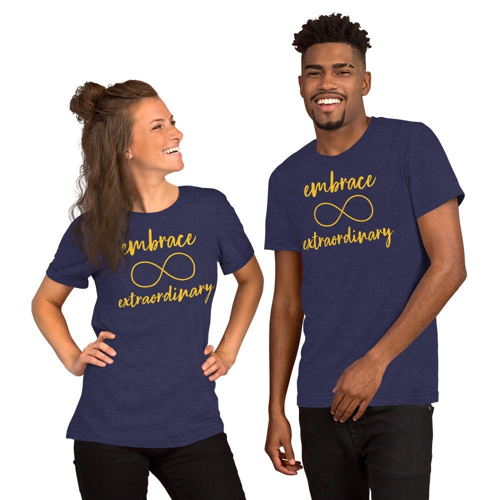 "Embrace Extraordinary" Autism Acceptance T-shirt with Gold Infinity Symbol