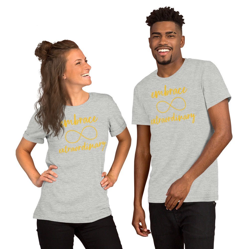 "Embrace Extraordinary" Autism Acceptance T-shirt with Gold Infinity Symbol