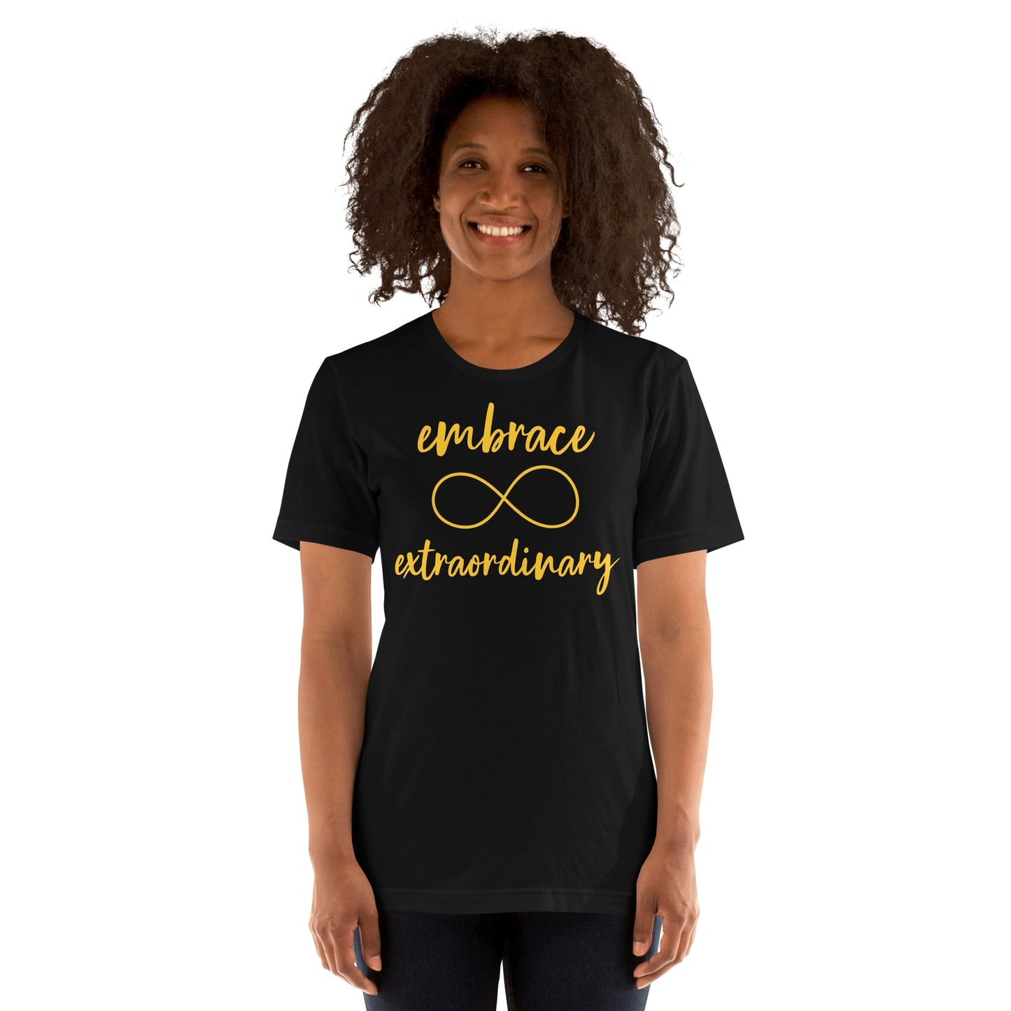 "Embrace Extraordinary" Autism Acceptance T-shirt with Gold Infinity Symbol