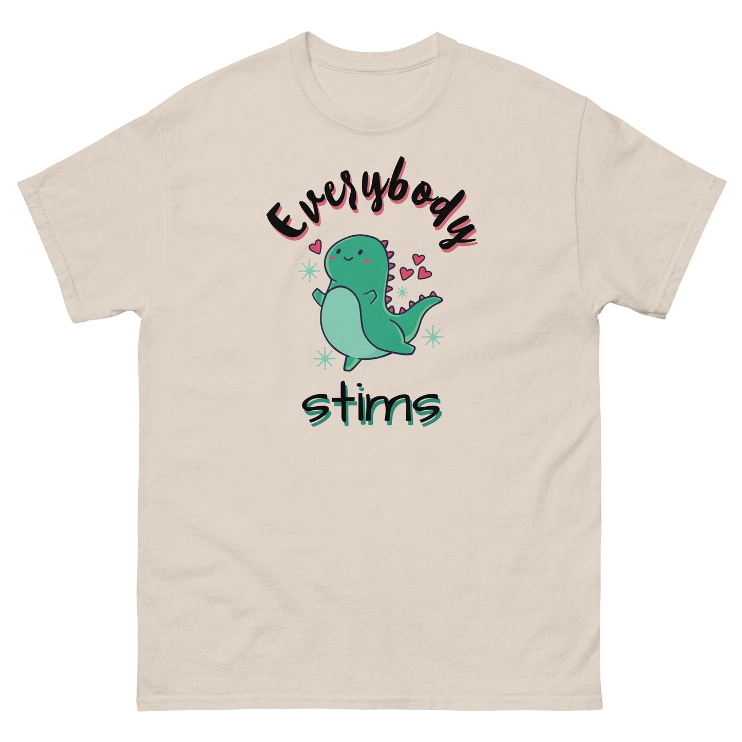 Autism Awareness Neurodiversity Everybody Stims Dinosaur Special Education Teacher shirt tan unisex classic 