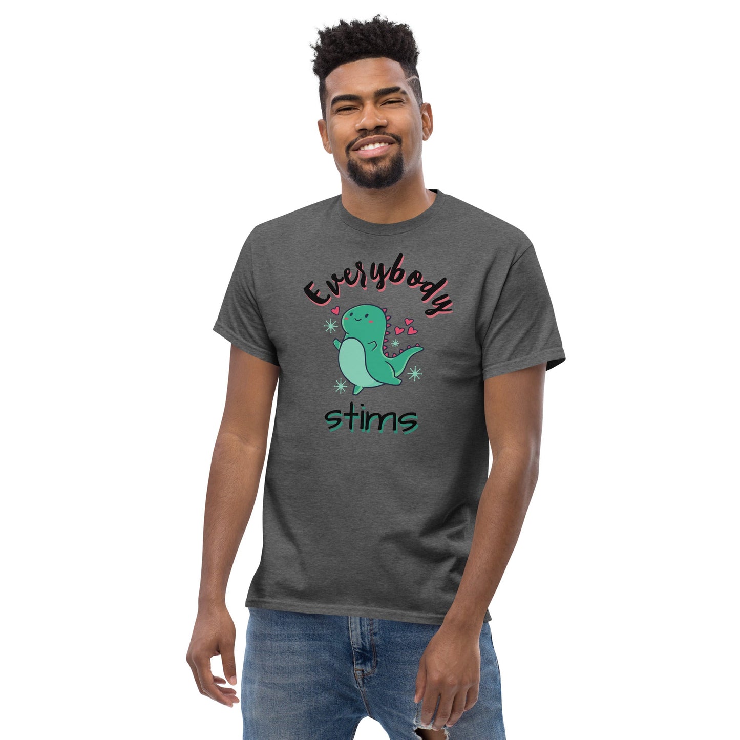 Autism Awareness Neurodiversity Everybody Stims Dinosaur Special Education Teacher shirt dark heather gray male unisex classic 