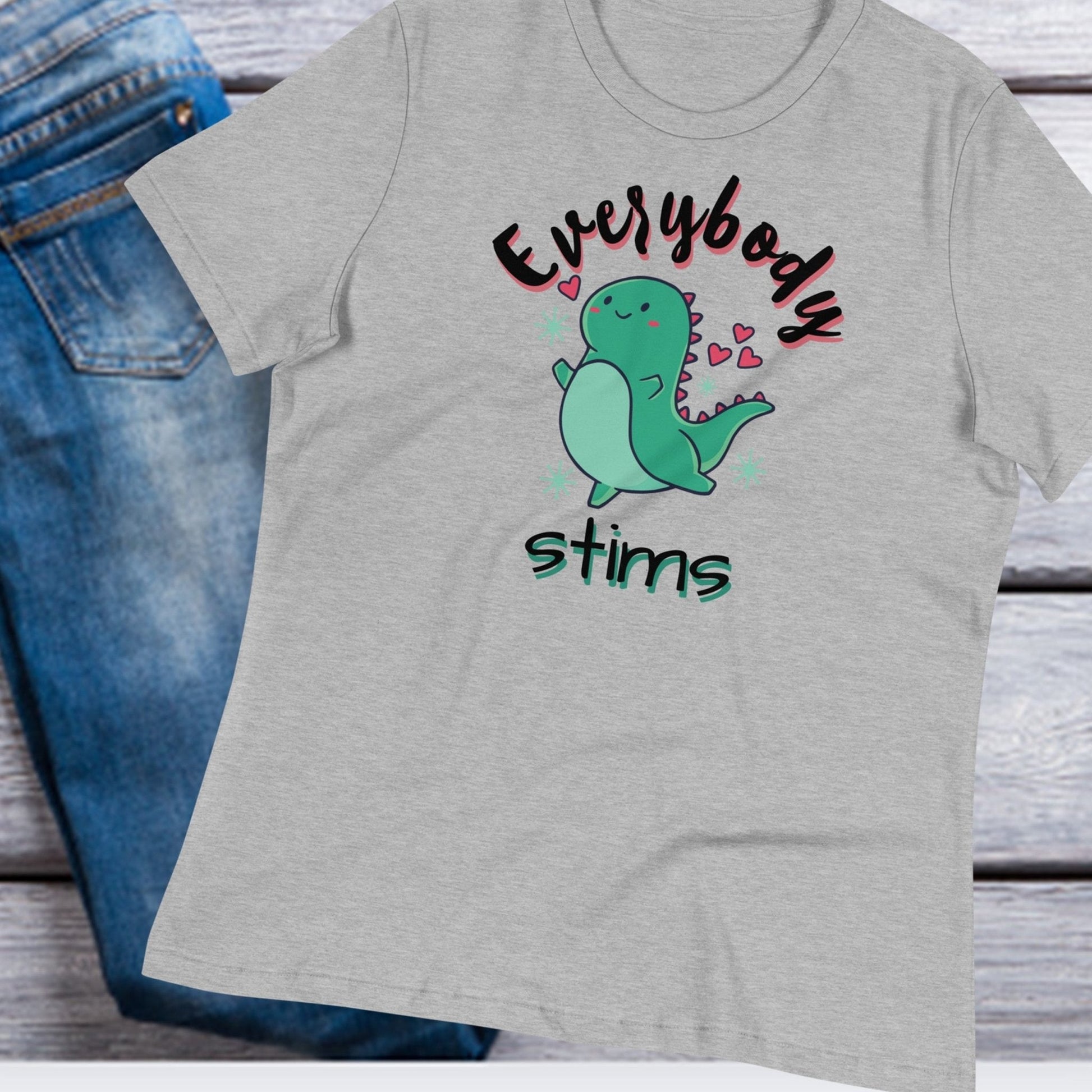 Autism Acceptance Special Education Teacher Shirt SLP Women's T-shirt gray Everybody Stims Dinosaur with background