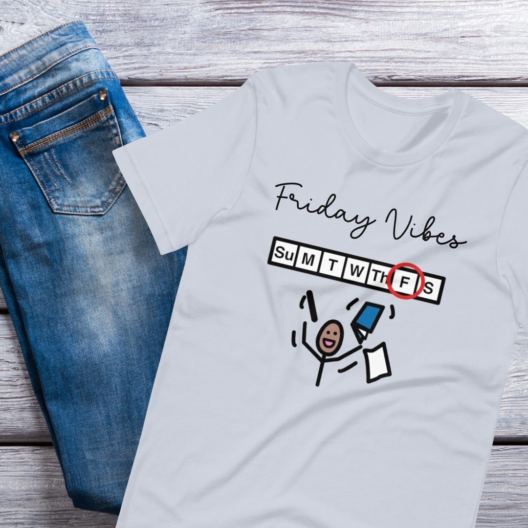 Special Education Teacher T-shirt SLP Shirt "Friday Vibes"  Autism Acceptance and AAC with Picture Communication Symbols