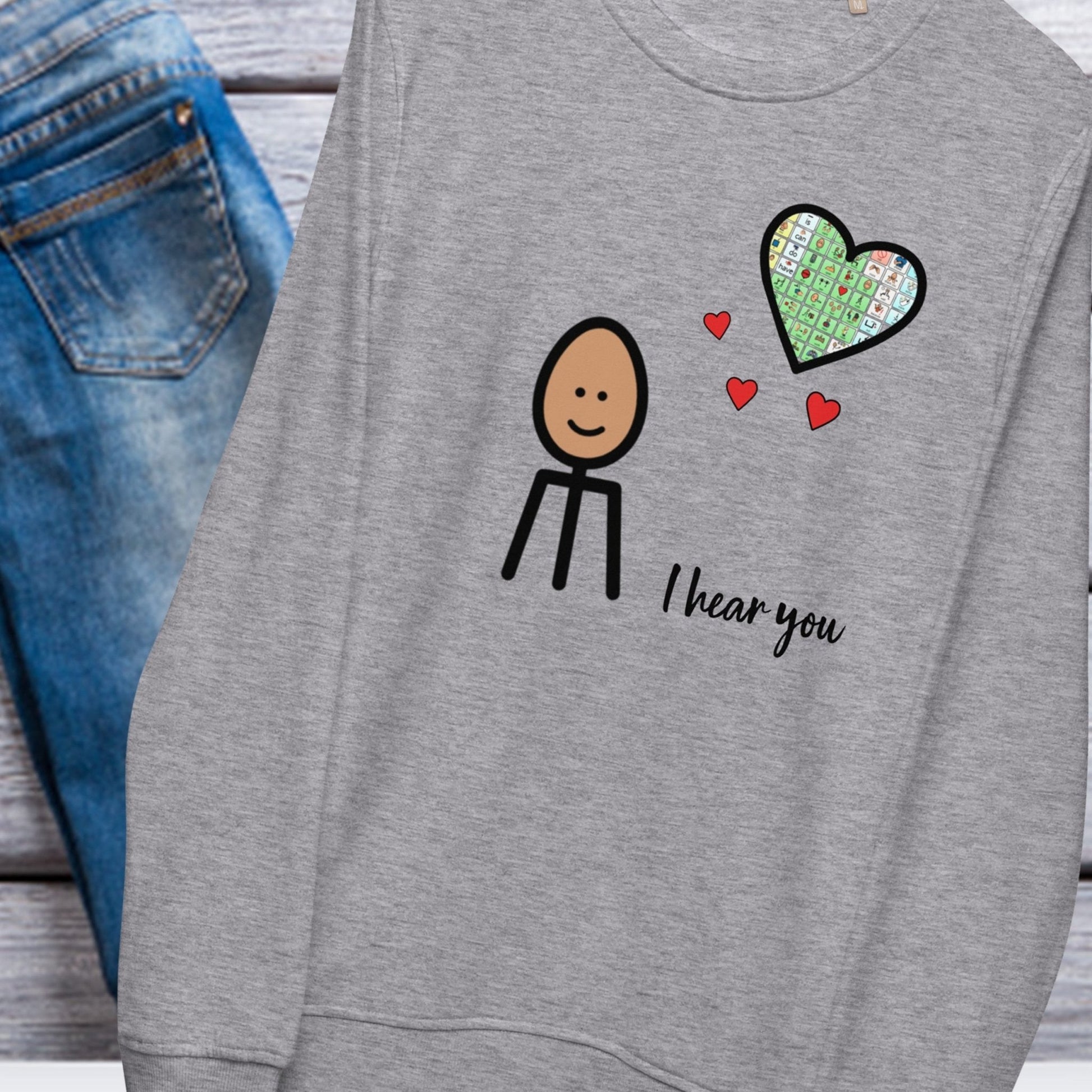 Special Education Teacher Shirt SLP Crewneck organic Sweatshirt Gray I Hear You AAC Autism Acceptance and AAC with Boardmaker PCS with background