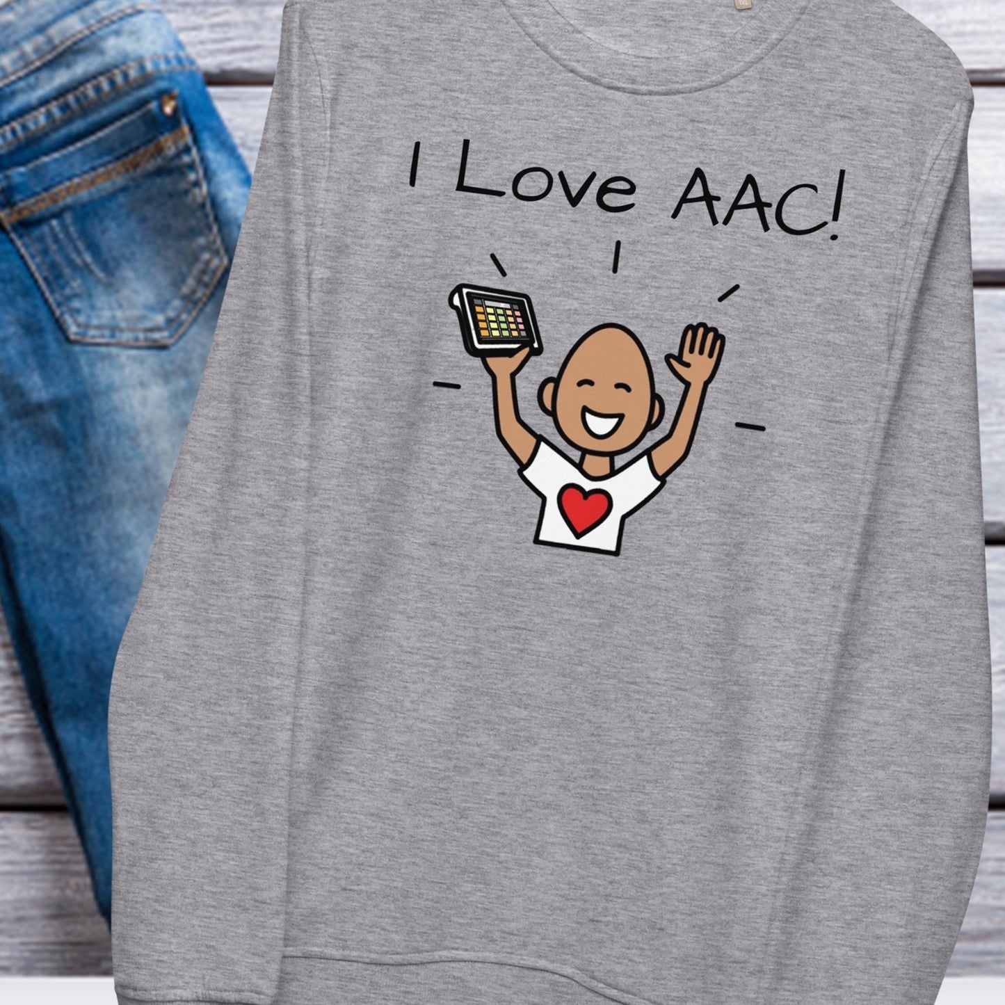 Special Education Teacher Shirt SLP Crewneck organic Sweatshirt Gray I Love AAC  Autism Acceptance and AAC with Boardmaker PCS with background