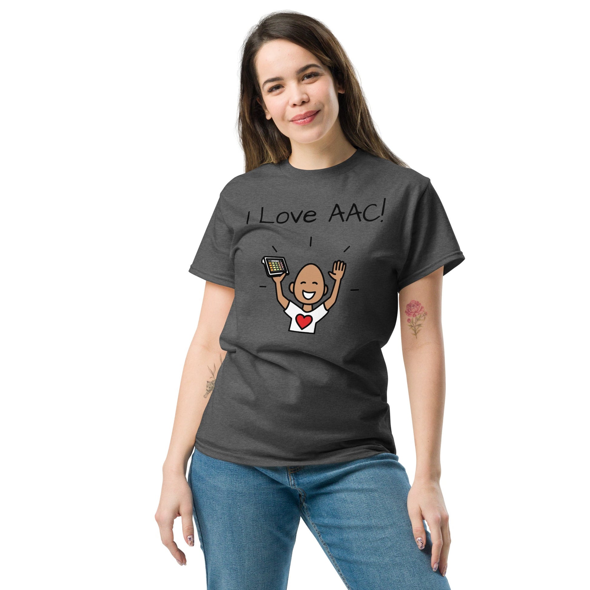 SLP Speech therapist t-shirt I Love AAC Special Education teacher shirt, Autism Awareness shirt with Boardmaker PCS female charcoal Gray unisex