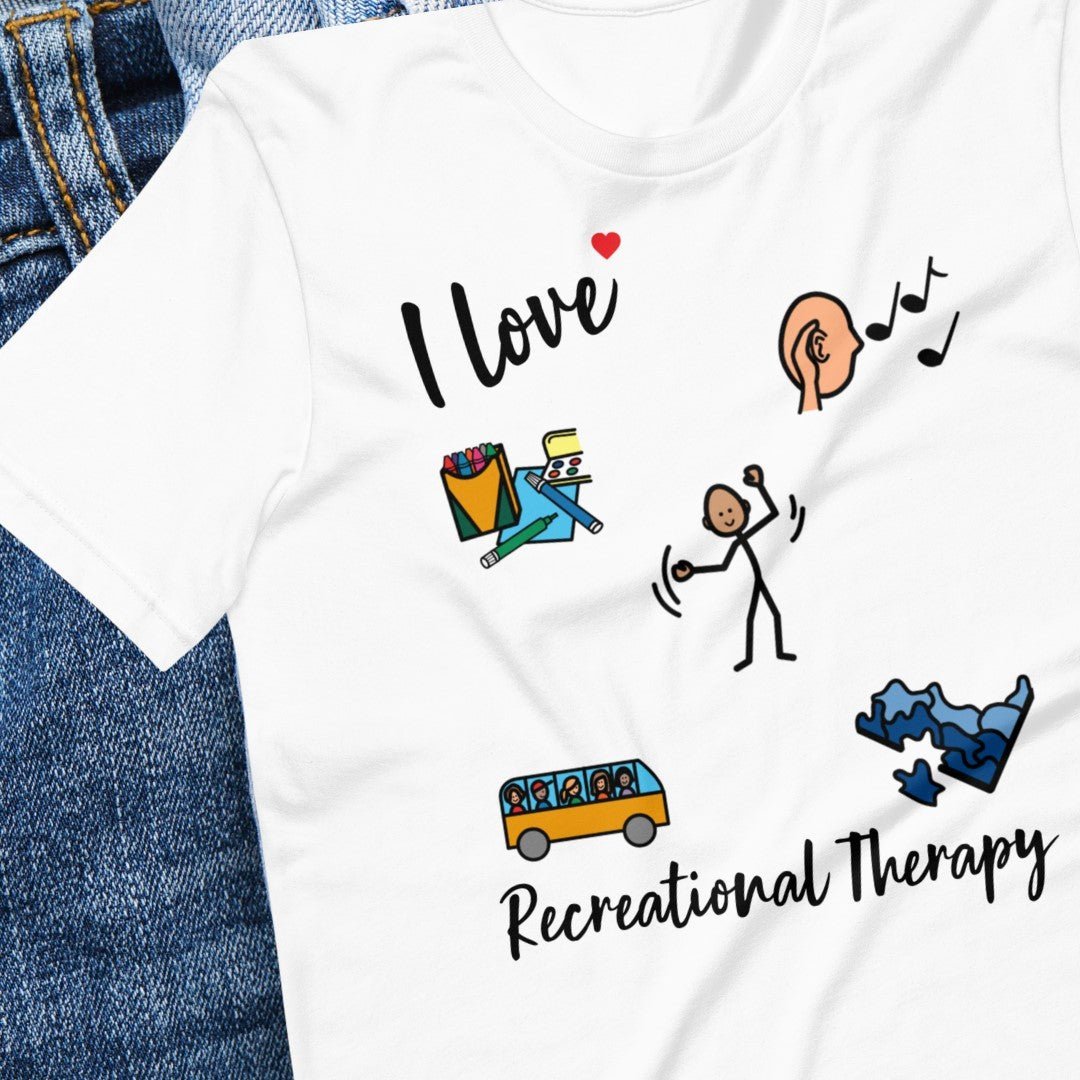 Special Education Teacher T-shirt SLP Shirt "I Love Recreational Therapy"  Autism Acceptance and AAC with Picture Communication Symbols