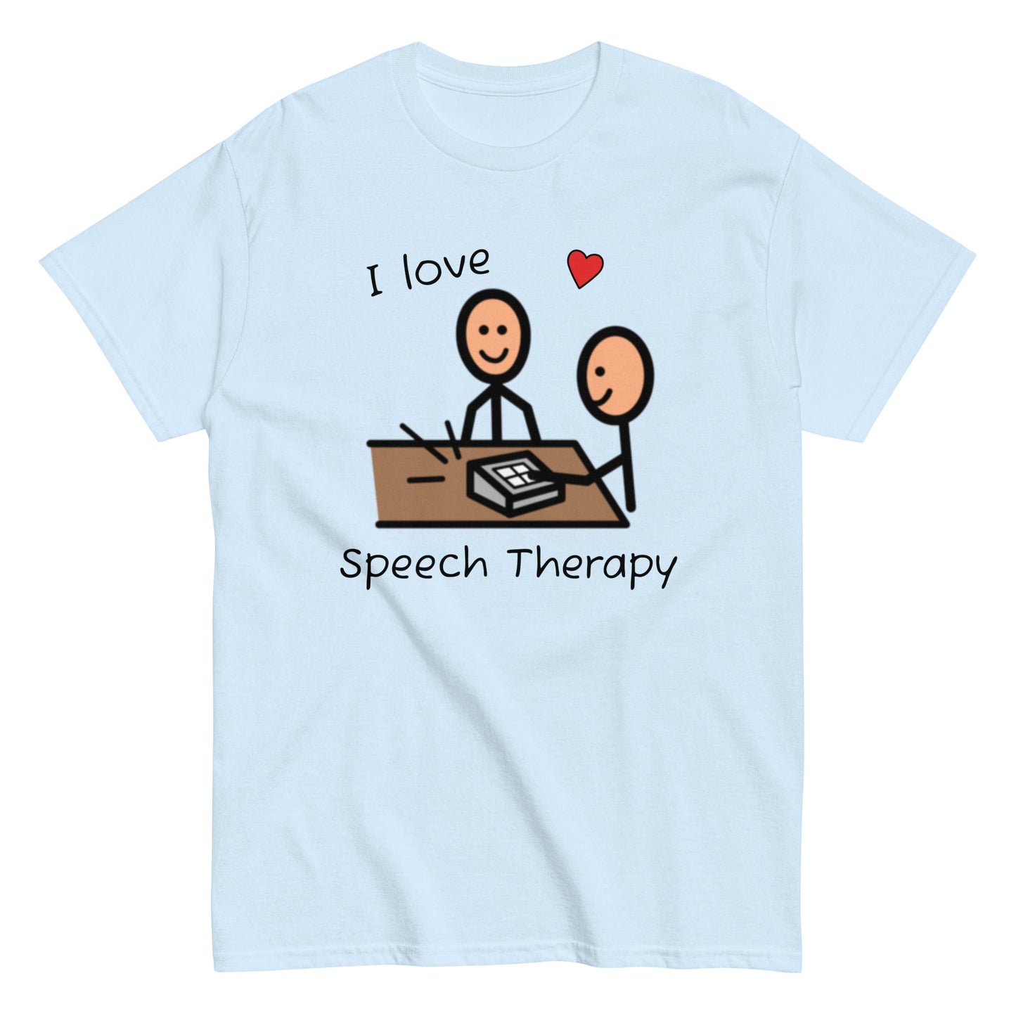 SLP Speech Therapist T-shirt, AAC shirt, with Boardmaker PCS I Love Speech Therapy light blueunisex