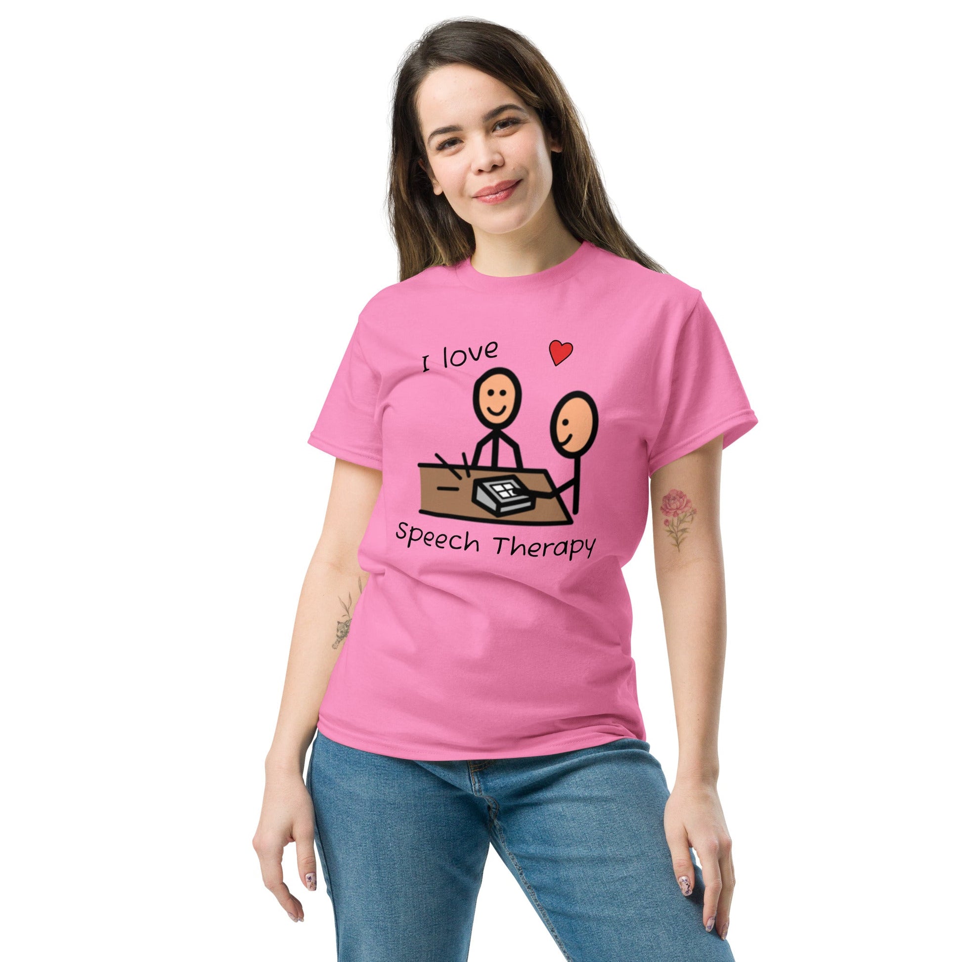 SLP Speech Therapist T-shirt, AAC shirt, with Boardmaker PCS I Love Speech Therapy female pink unisex