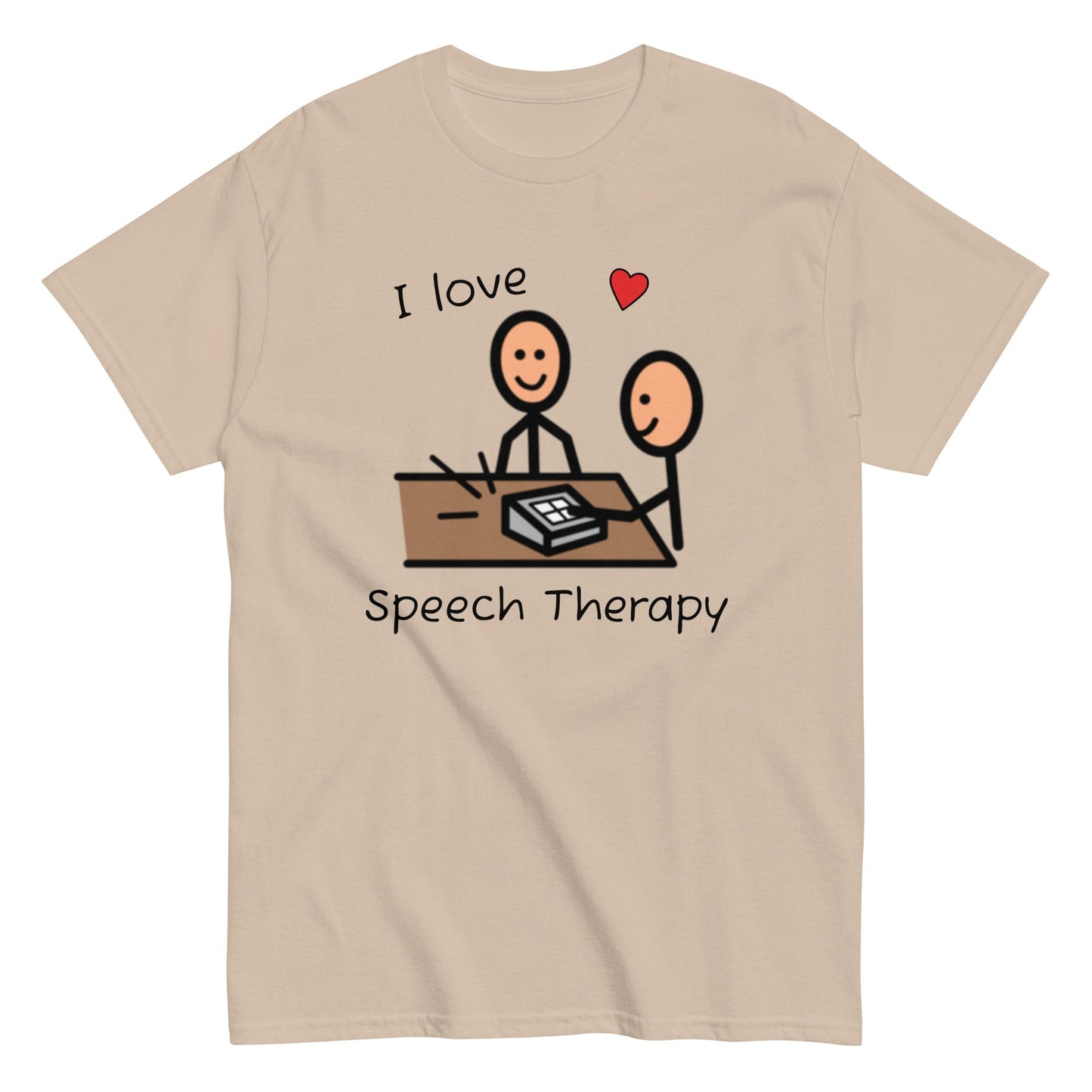 SLP Speech Therapist T-shirt, AAC shirt, with Boardmaker PCS I Love Speech Therapy tan unisex