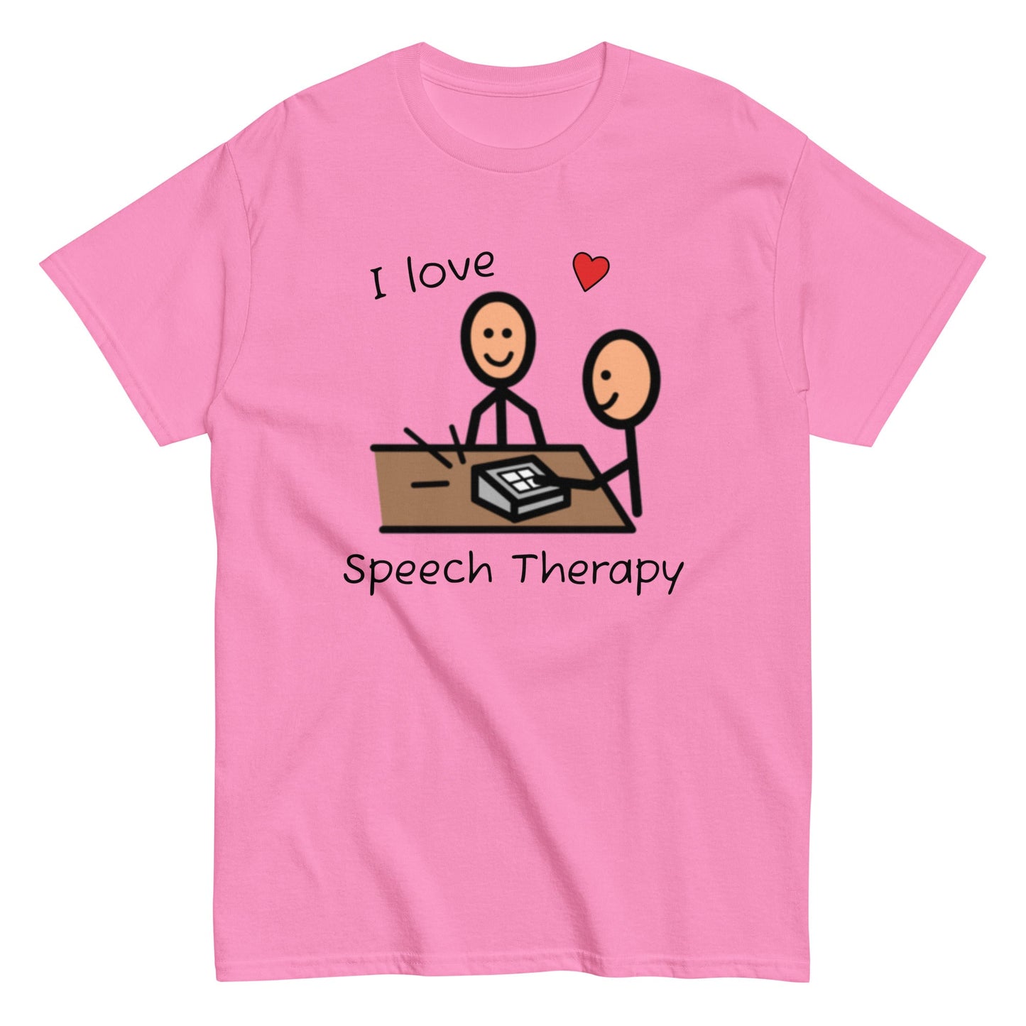 SLP Speech Therapist T-shirt, AAC shirt, with Boardmaker PCS I Love Speech Therapy pink unisex