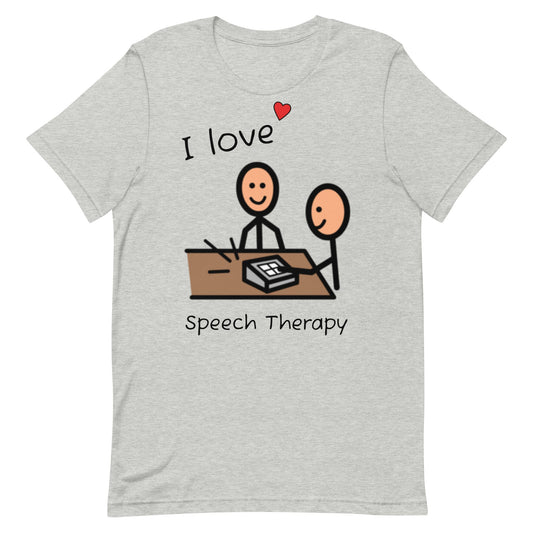 I Love Speech Therapy SLP shirt, Speech therapist shirt, AAC shirt, gray with Boardmaker PCS, Autism Acceptance 