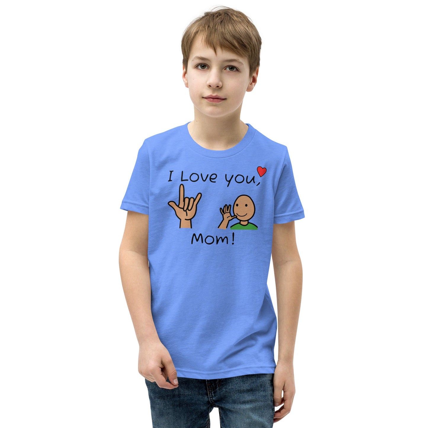 "I love you, Mom" Youth T-shirt Autism with ASL and Boardmaker PCS