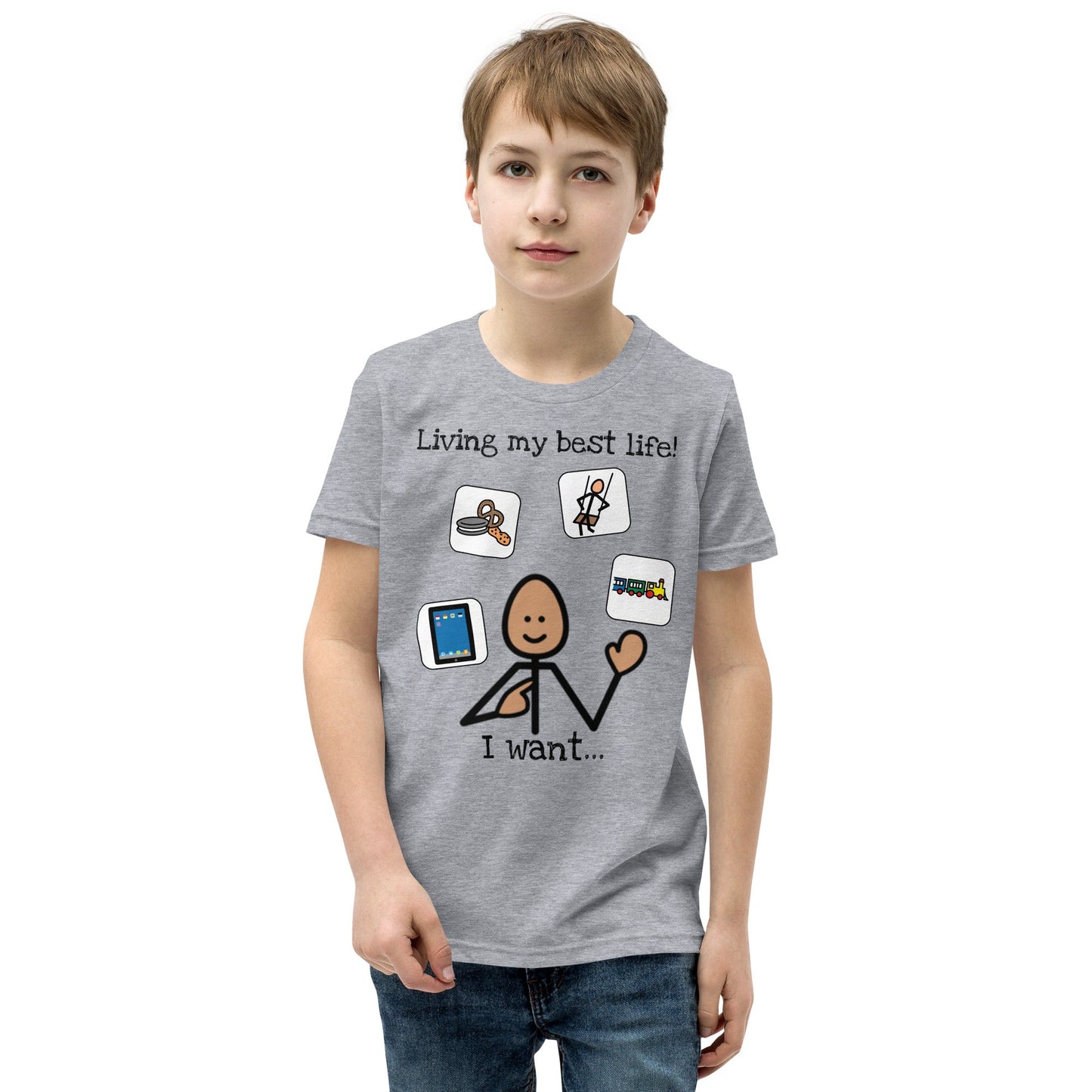 "Living my best life.  I want..." Youth t-shirt Autism with Boardmaker Picture Communication Symbols Unisex