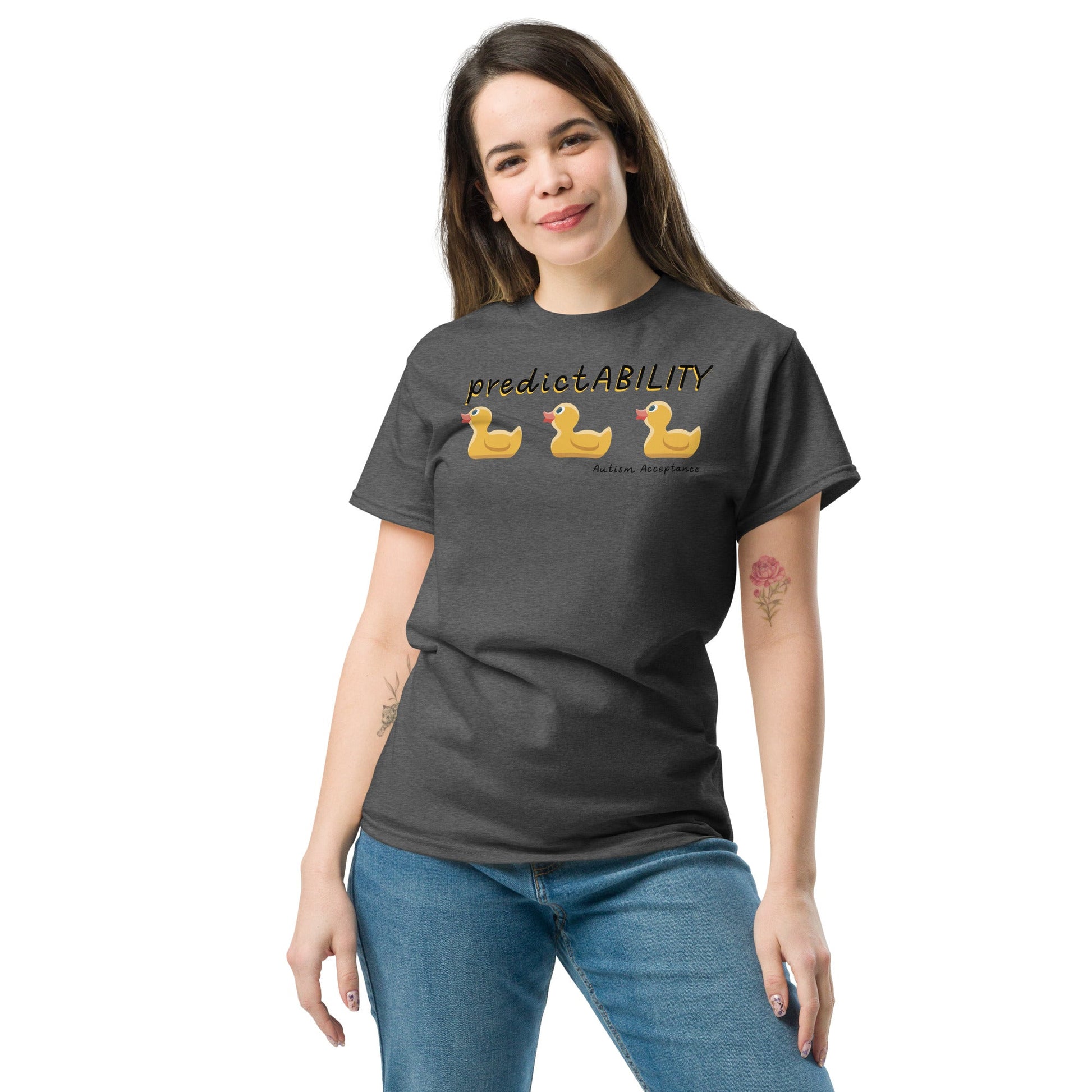 Autism Awareness t-shirt, Neurodiversity shirt, PredicatABILITY ducks in a row female charcoal gray unisex