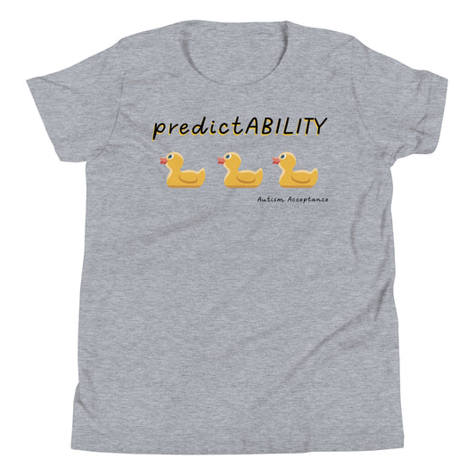 Kid's Autism Awareness shirt, PredictABILITY, with ducks in a row gray