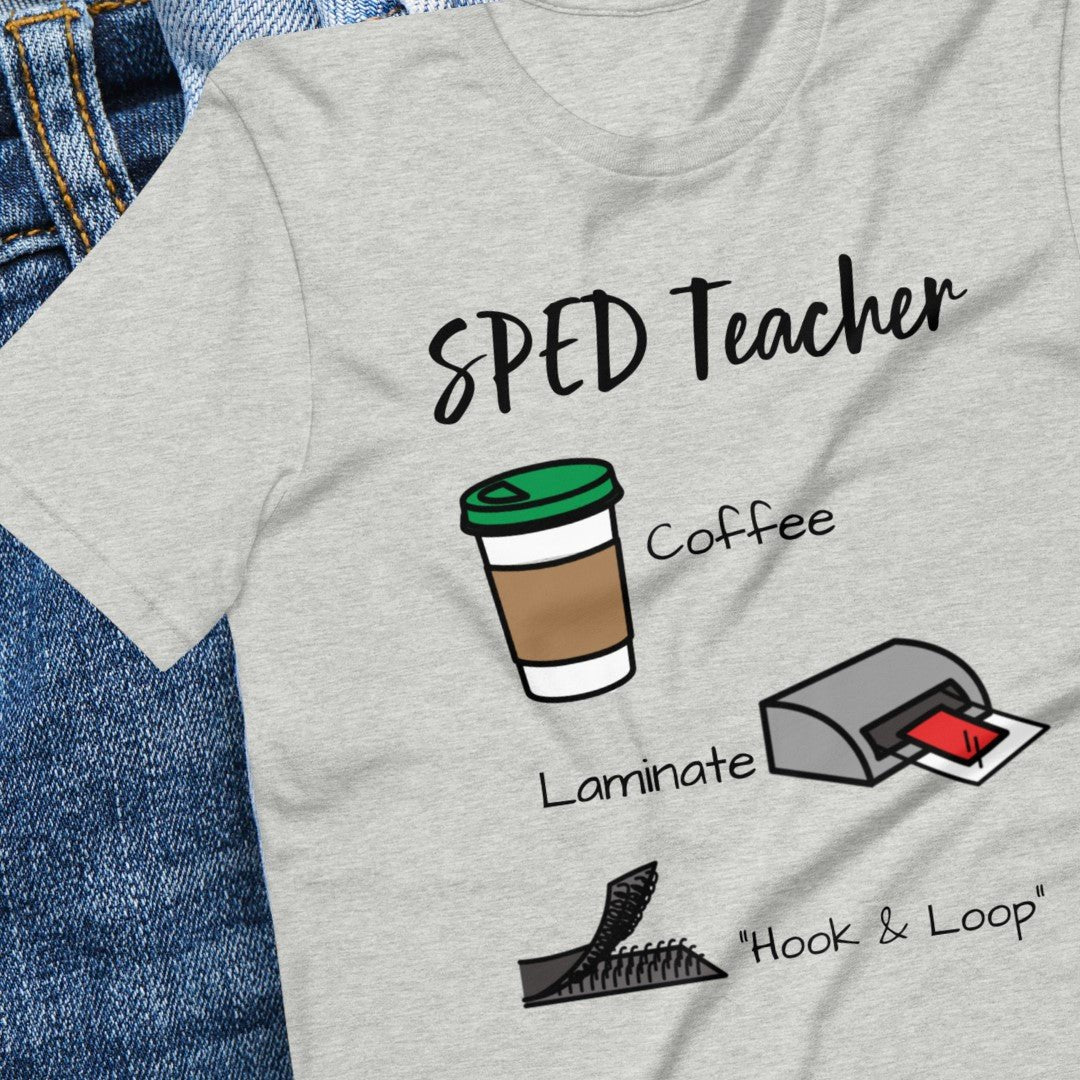 Special Education Teacher T-shirt SLP Shirt "Coffee, Laminate, Hook & Loop"  Autism Acceptance and AAC with Picture Communication Symbols