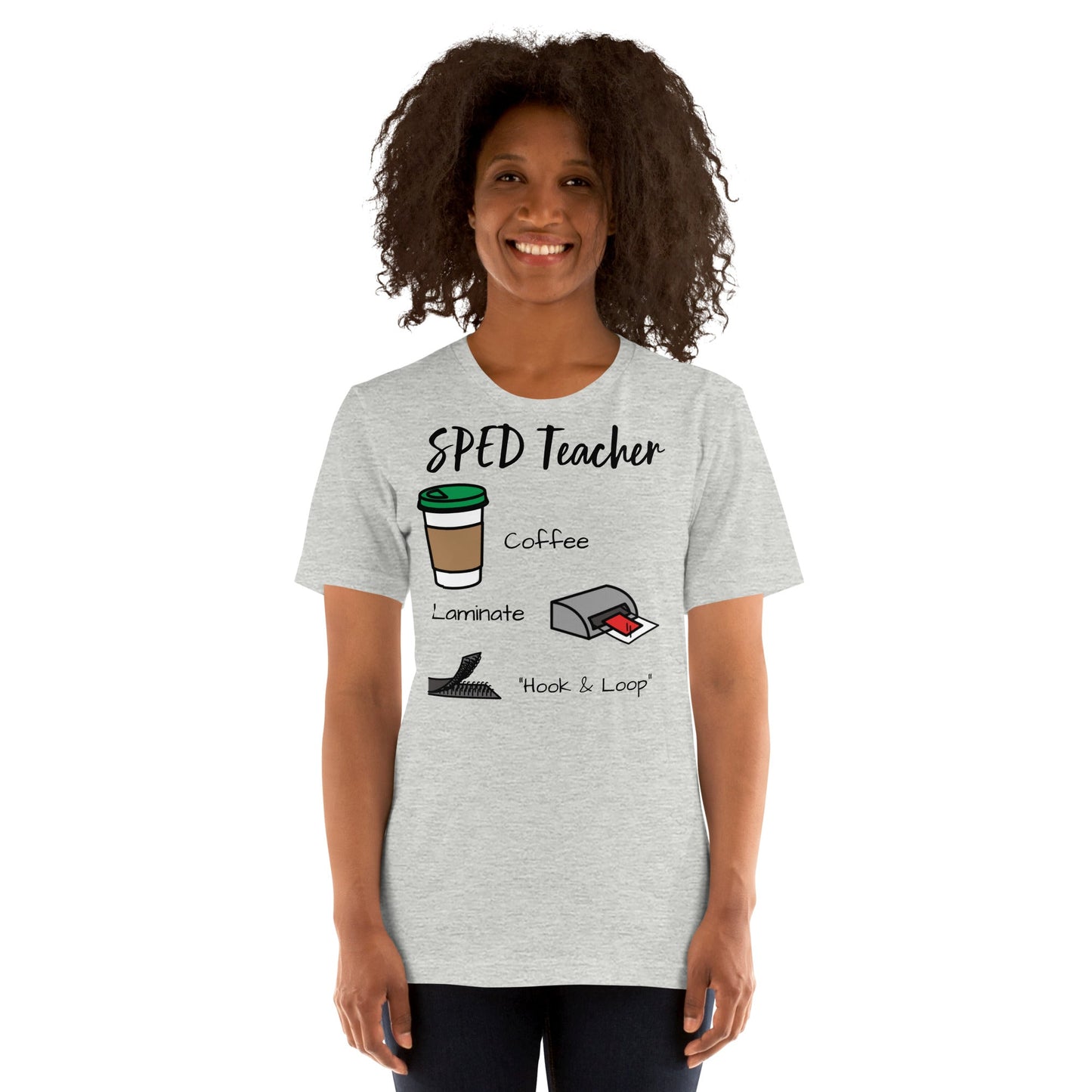 "SPED Teacher: Coffee, Laminate, Hook and Loop" Funny Special Education Teacher t-shirt with Boardmaker PCS Unisex