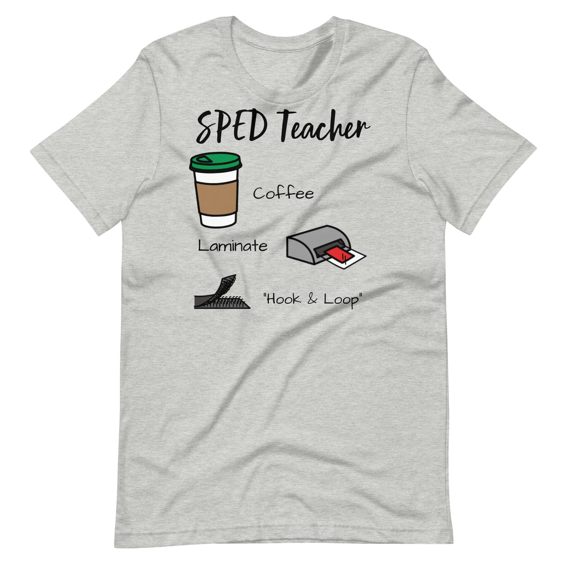 SPED Teacher shirt, coffee, laminate, hook and loop with Boardmaker PCS gray