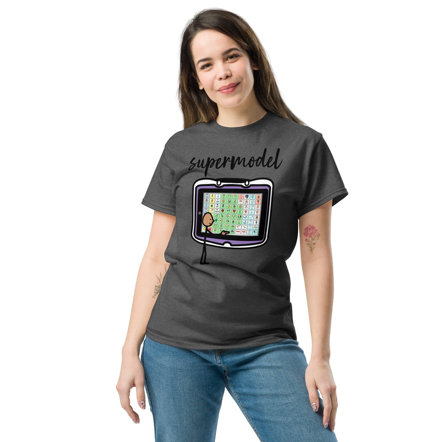 SLP AAC Speech therapist shirt Autism Awarenss shirt "supermodel" Special education teacher shirt with Boardmaker PCS unisex female charcoal gray