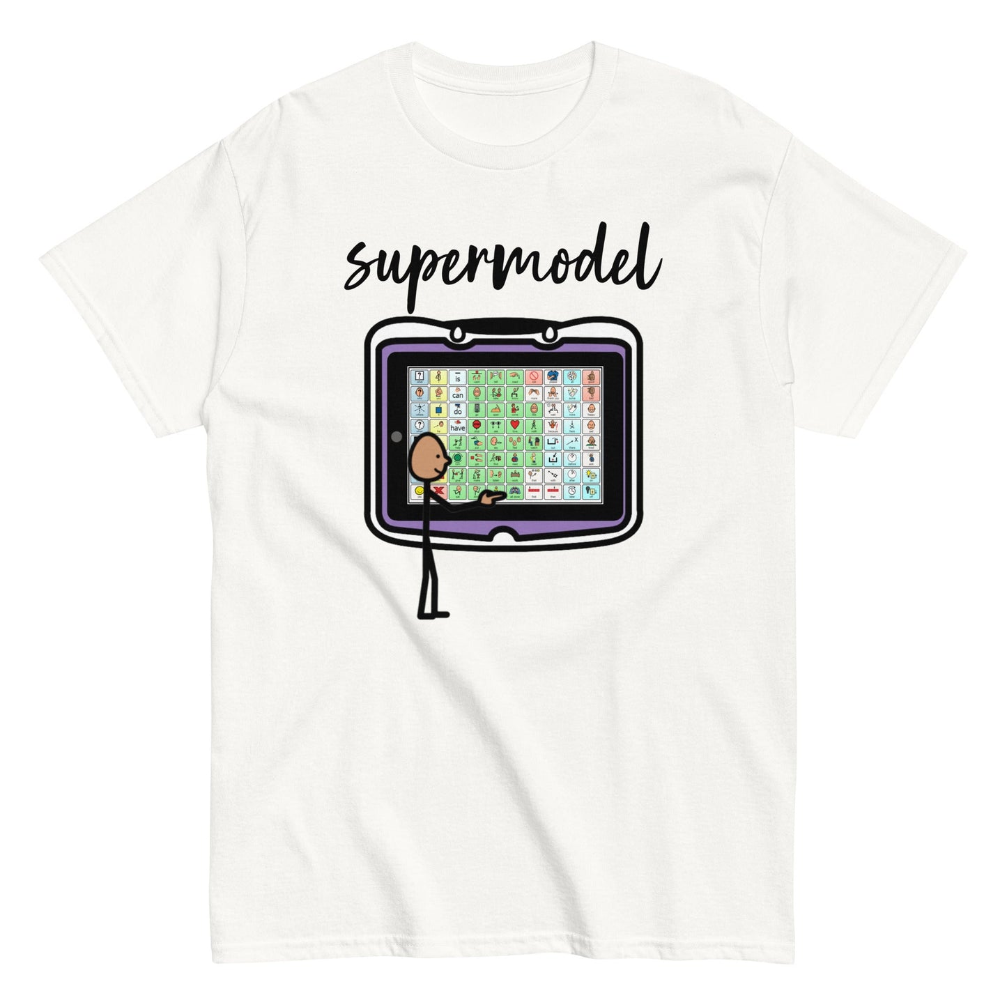 SLP AAC Speech therapist shirt Autism Awarenss shirt "supermodel" Special education teacher shirt with Boardmaker PCS unisex white 