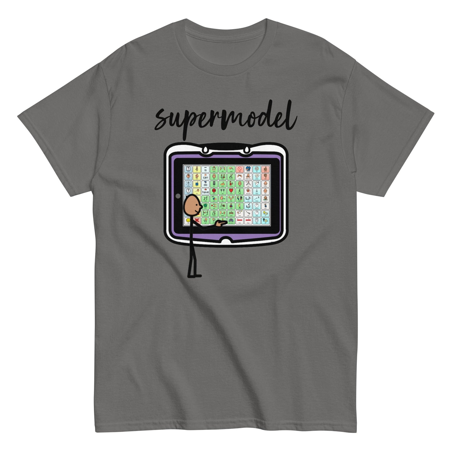 SLP AAC Speech therapist shirt Autism Awarenss shirt "supermodel" Special education teacher shirt with Boardmaker PCS unisex cement gray