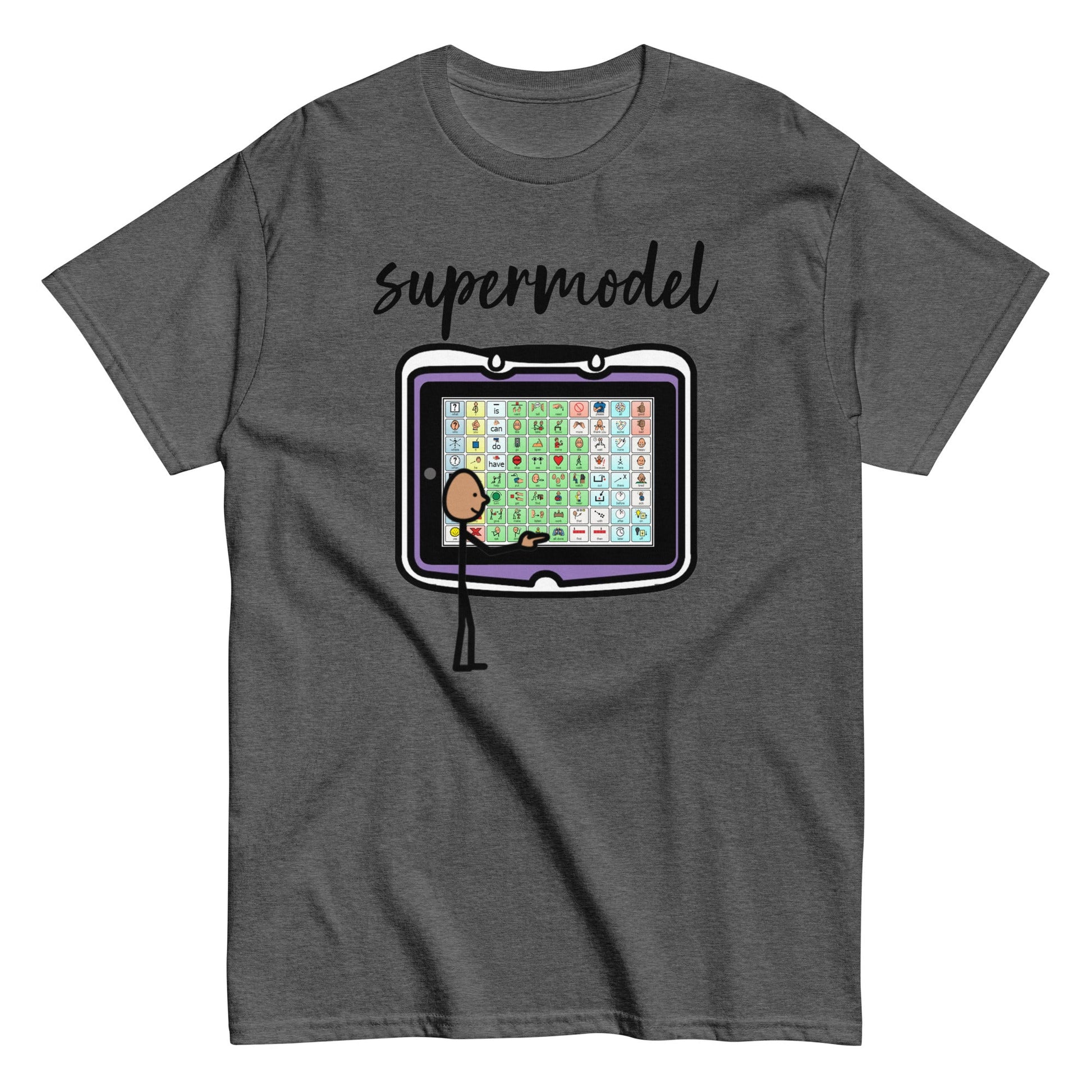 SLP AAC Speech therapist shirt Autism Awarenss shirt "supermodel" Special education teacher shirt with Boardmaker PCS unisex charcoal gray