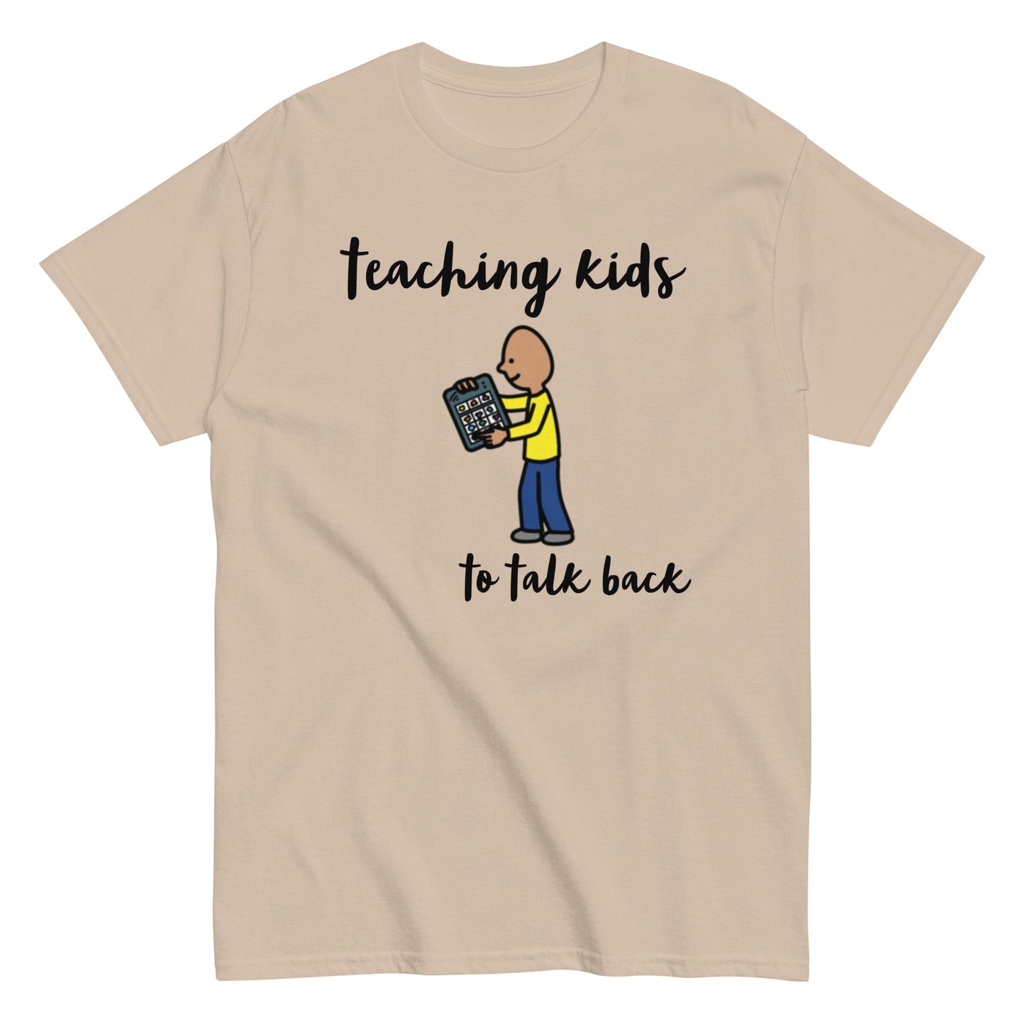 SLP Speech Therapist t-shirt, AAC shirt, Autism Awareness shirt, Special Education teacher shirt "teaching kids to talk back" unisex cream