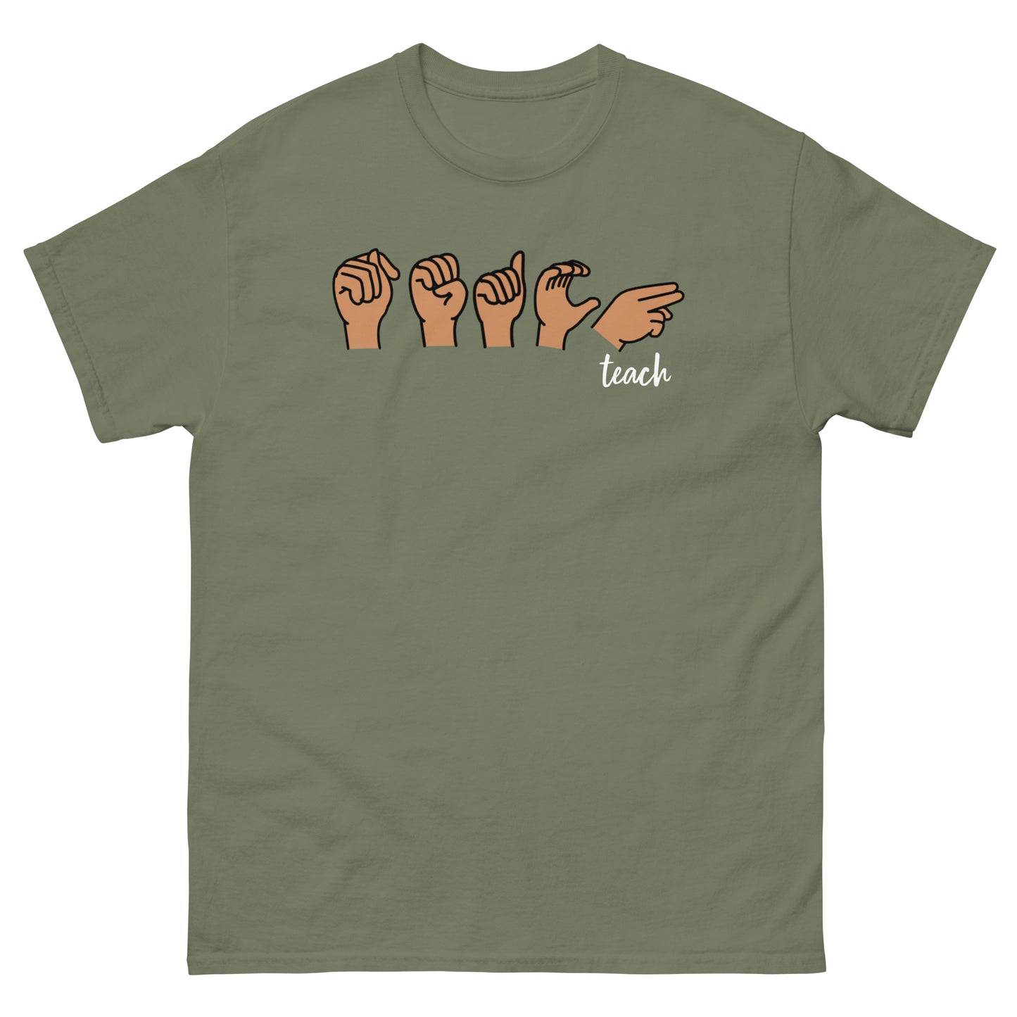 Special Education Teacher shirt with ASL fingerspelling "teach" with Boardmaker pcs unisex military green