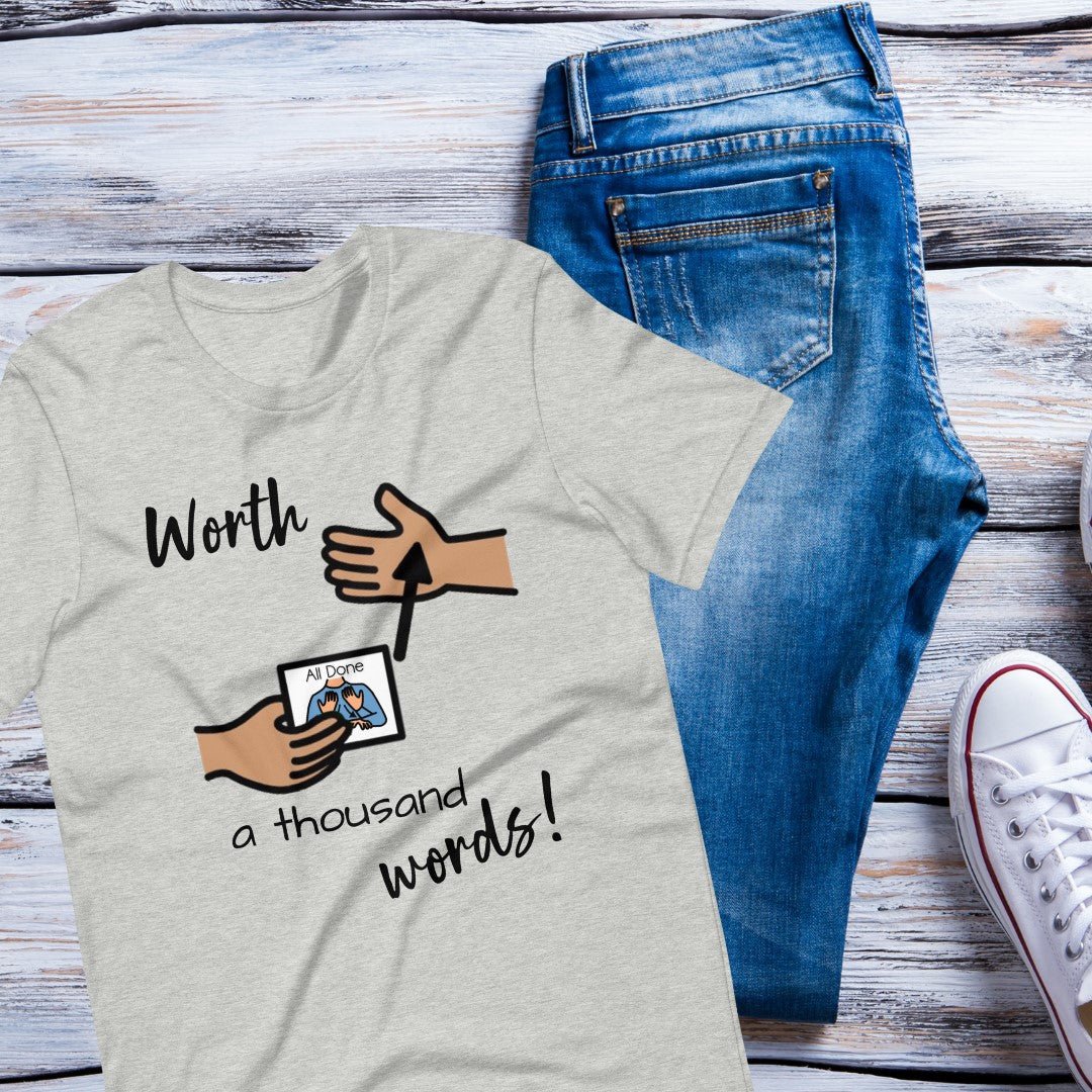 Special Education Teacher T-shirt SLP Shirt "All Done Worth 1000 Words"  Autism Acceptance and AAC with Picture Communication Symbols